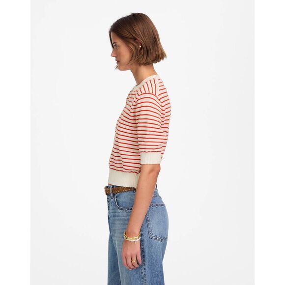 NWT Madewell Women's Textural-Stitch Cotton Sweater in Bright Flame Stripe Sz XS - Picture 5 of 15